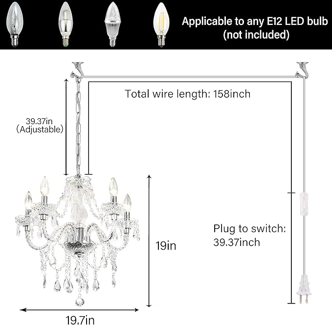 PAPAYA Plug-in 5 Light Crystal Hanging Pendant Lights Acrylic Chandelier with Clear Cord & On/Off Switch H19 D19.7 for Kitchen Island Girls' Room Dining Area Laundry Pavilion.