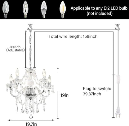 2PCS Plug-in 5 Light Crystal Hanging Pendant Lights Acrylic Chandelier with Clear Cord & On/Off Switch H19 D19.7 for Kitchen Island Girls' Room Dining Area Laundry Pavilion