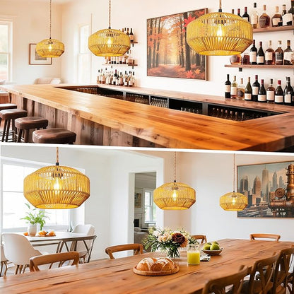 Hanging Light Ceiling Lamp Pendant Lights Rattan Hanging Lamp with Plug in Cord for Living Room Bedroom Kitchen Indoor Hanging Lamp Plug in Woven Lampshade