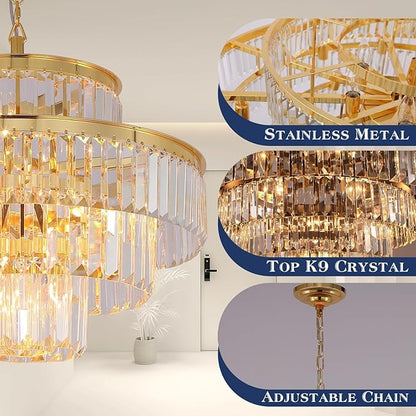Modern Crystal Chandelier Light Pendant Ceiling Lamp 4-Tier Chandeliers Lighting Fixture for Dining Living Room Foyer Hallway 6-Lights Gold (Dia 20 Inch)
