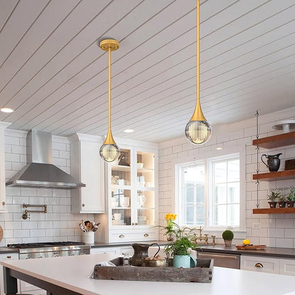 3-Pendant Lights Kitchen Island, Painted Gold Globe Crystal Ceiling Hanging Light Fxitures, LED Light Fixtures Metal Rod Ceiling Glass Pendant Lighting for Kitchen Island Dining Room Bar