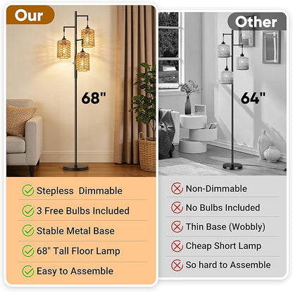ROTTOGOON Dimmable Rattan Floor Lamp, 3 x 800LM LED Bulbs Included, Boho Tree Standing Lamps with 3 Hand-Woven Octagonal Lantern Shades, Industrial Floor Lamp for Living Room, Bedroom, Office - Black