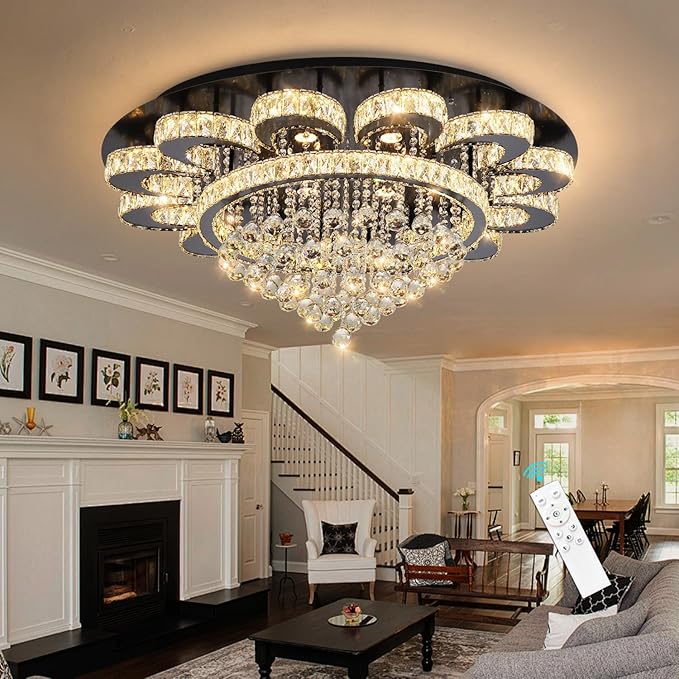 HAIXIANG Modern Chandelier Living Room Light Glam Chandeliers Ceiling Light Fixture Remote Dimmable Lights 40 Inches Luxury Crystal Black Dining Room Lights