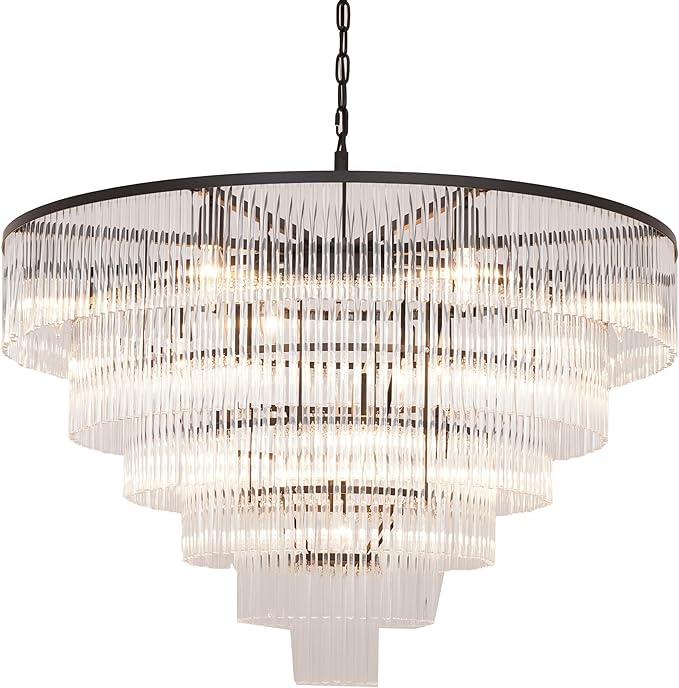 Modern Multi-Tier Crystal Chandelier 6-Tier Round Black Finish Ceiling Light -Cylindrical Glass Rods -Dining Room Living Room Bedroom Entryway -Luxury Lighting Fixture 35.5''