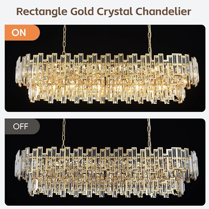 Rectangle Gold Chandeliers for Dining Room 2-Tier 16 Lights Modern Crystal Chandelier Luxury Rectangular Oval Preinstalled Top K9 Crystal Contemporary Pendant Lighting Fixture 51"