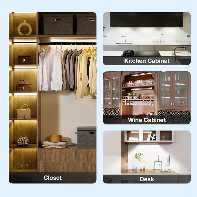 Under Cabinet Lights Remote Control, Magnetic Dimmable Closet Lights,USB Rechargeable Wireless LED Shop Light,Ceiling and Under Counter Lights for Kitchen (Black, 80CM-2 Pack)