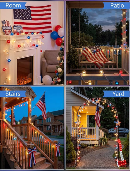 4th of July String Lights 25FT, 27 Incandescent G40 Red White Blue Bulbs (2 Spare), Waterproof Connectable Outdoor Patio Lights for Party Garden Decor