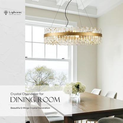 31.9" Gold Modern Crystal Chandelier Light Fixtures Luxury 2 Rings Crystal Chandeliers for Dining Room 16-Light Round Hanging Pendant Lighting for Living Room Kitchen Island Entryway Bedroom