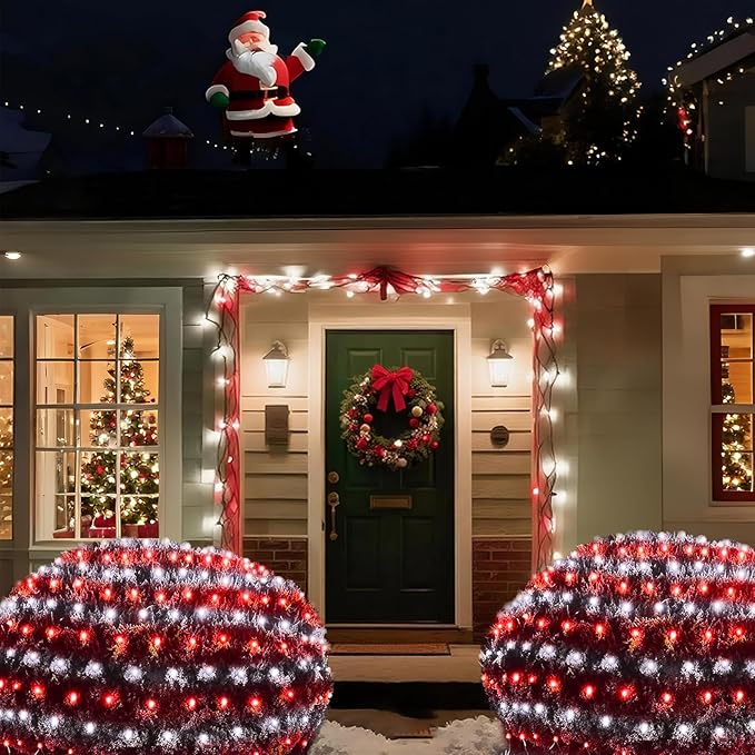 Pooqla Christmas Net Lights, 300LED Outdoor Net Mesh Lights, 14.8x4.9 ft Fairy String Lights 8 Modes Green Wire, Connectable Waterproof Decorative for Bushes Tree Garden Christmas, Red and White