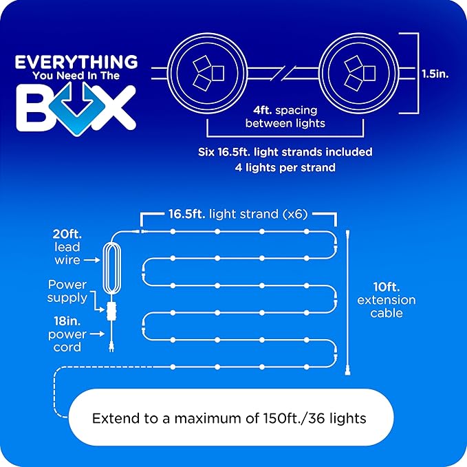 Enbrighten Eternity Accent Permanent Outdoor Lights, 100ft with 24 RGBWIC LED Lights, App‑Controlled, Cuttable, Christmas, Accent & Year‑Round Eave Lighting, Works with Alexa & Google Home, 85714