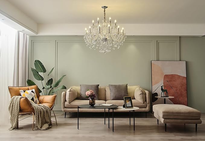 Clear 18 Lights K9 Crystal Chandelier,Chandeliers for Dining Room,Bedroom,Living Room, Candle Pendant Lamp Ceiling Lighting, 39 inch x32 Inch (Color: Clear) with 18pcs 5W E12 LED Bulbs.