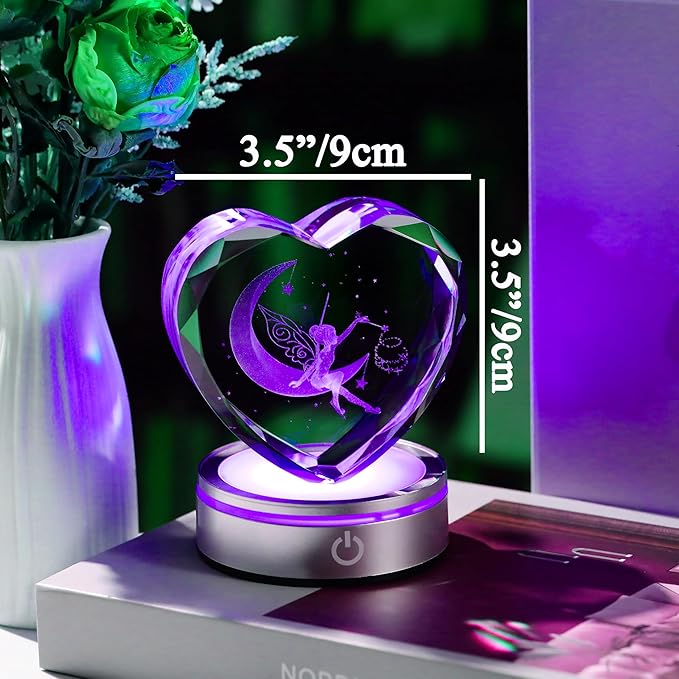 Qianwei Fairy Decor for Women 3D Crystal Heart - Laser Moon Gifts Glass Animals Fairy Lamp Figurines Statue Stuff for Room Decorations Night Light