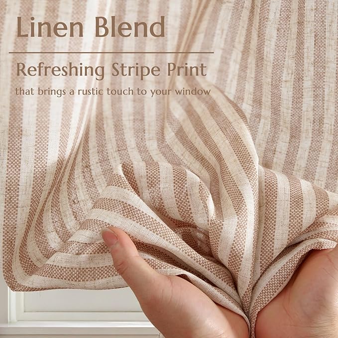 jinchan Striped Linen Kitchen Curtains 24 Inches Length Tier Curtains Farmhouse Modern Cafe Style Small Window Treatments Airy Light Filtering Rod Pocket for Living Room Bathroom 2 Panels Tan