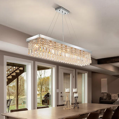 Modern Silver Rectangular Crystal Chandelier,10-Light Modern Chandelier,K9 Crystal Rectangle Chandelier,Farmhouse Pendant Light Fixture for Kitchen Island Bar Bedroom L47 x W10 x H10