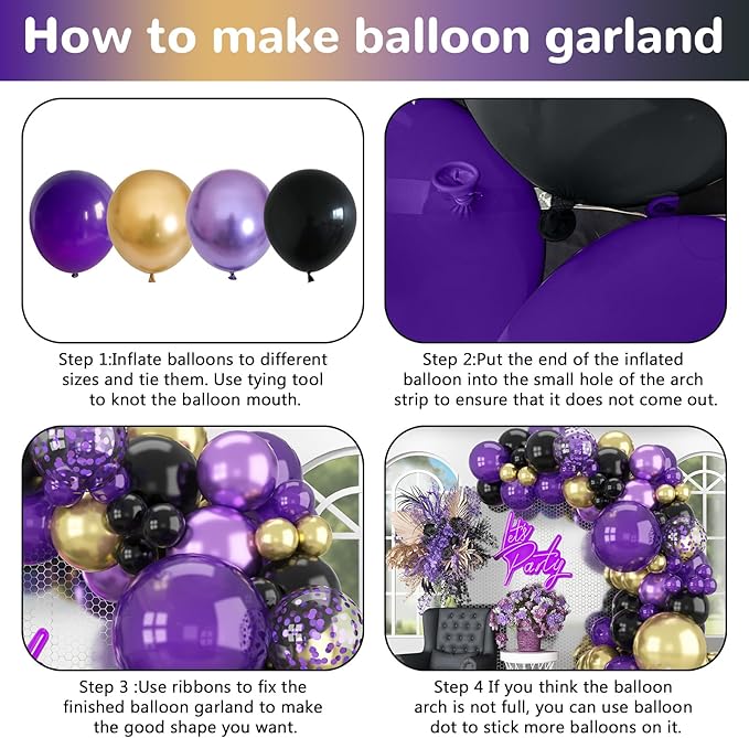 HILAVO Purple Black and Gold Balloon Arch Kit Graduation Balloon Garland Dark Purple and Gold Metallic Black Confetti Balloons for Retirement Wednesday Birthday Baby Shower Engagement Party Decoration