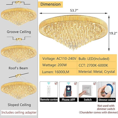 53.7" Modern Crystal Big Large Chandeliers LED Dimmable Flush Mount Ceiling Chandeliers for Living Room High Ceiling Entrance Foyer Lobby Bedroom Gold
