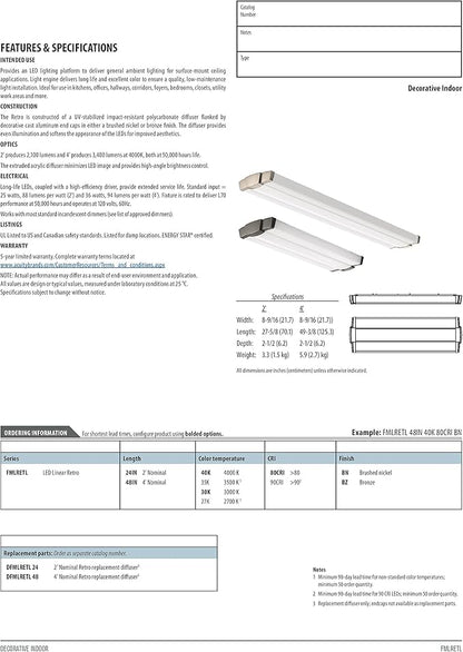 Lithonia Lighting FMLRETL 48IN 30K 80CRI BZ LED Linear Flush Mount Light, 3000k, 36 watts, 3100 lumens, 4 feet, Bronze