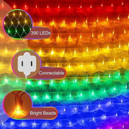 RJZZ Pride Flag Lights Outdoor, 6.6x3.3 FT LGBTQ Pride Decorations Lights for Garden Connectable, 390LED Waterproof Rainbow LED Net Light, Pride Month Decorations for Room, Yard, Party, Office