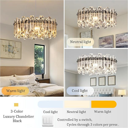 Modern Luxury K9 Crystal Chandelier 5-Lights Round Pendant Light Easy Install Ceiling Hanging Light Fixture for Dining Living Room Kitchen Island Entryway Foyer D15.8 Black