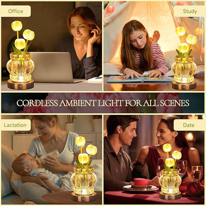 Tulip Table Lamp, Rechargeable Cordless Touch Dimming Artificial Tulip Flower Desk Lamp, LED Crystal Lamp Flower Bedside Night Light, Romantic Gifts for Girl Women Mom (White - Tulip)