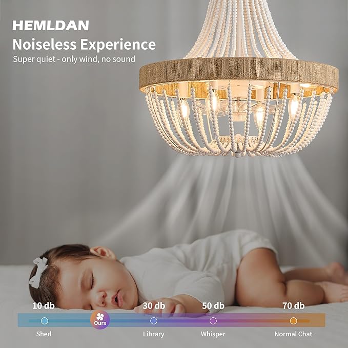 Luxury Empire Crystal Chandelier Fan with 64 Bead Strands, 7-Blade Invisible Fan, Remote/APP Controlled Ceiling Fan for Living Room, Bedroom, Dining Hall (White Wood Bead, 20" Farmhouse Style)
