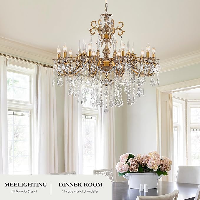 Gold Crystal Chandelier, 10-Light Antique Bronze Candle Pendant Ceiling Light Fixture with K9 Crystals for Dining and Living Room, Bedroom, Kitchen Island, Hallway, Dia 36"