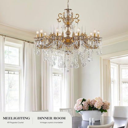 Gold Crystal Chandelier, 10-Light Antique Bronze Candle Pendant Ceiling Light Fixture with K9 Crystals for Dining and Living Room, Bedroom, Kitchen Island, Hallway, Dia 36"