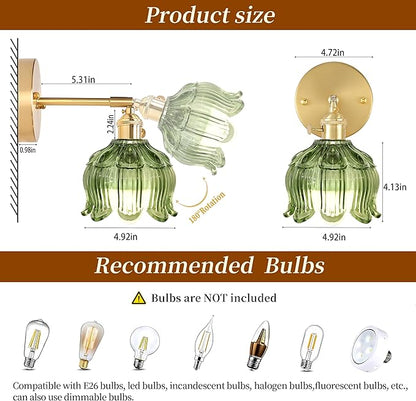 Wireless Wall Sconce with Flower lampshade, Battery Operated Wall Lights,Wall lamp with 15 Colors for Bedroom Living Room Home Decor (Green, 2 Light Battery Operated)