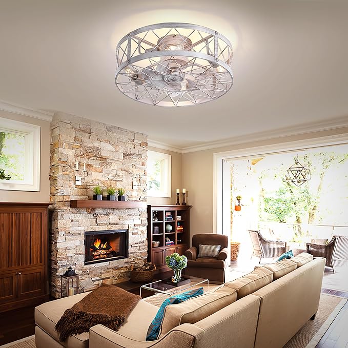 Flush Mount White Caged Ceiling Fan with Light, 20" Small Bladeless Ceiling Fan and Remote, Rustic Low Profile Ceiling Fans 4-Speed Reversible Enclosed Ceiling Fans for Bedroom Kitchen Farmhouse