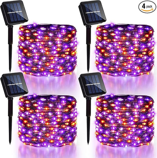 4 Pack Halloween Solar Fairy Lights 131.2Ft 400 LEDs Outdoor Twinkle Lights with 8 Modes, Waterproof Silver Wire String Lights for Garden Patio Party Decorations (Orange Purple)