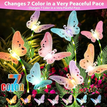 Weepong Solar Lights Outdoor Decorations Waterproof Newest Solar Garden Lights with Glowing Stems, 7-Color Changing Butterfly Flower Light for Outside Yard Pathway Garden Decor, Gift for Mother,2Pack