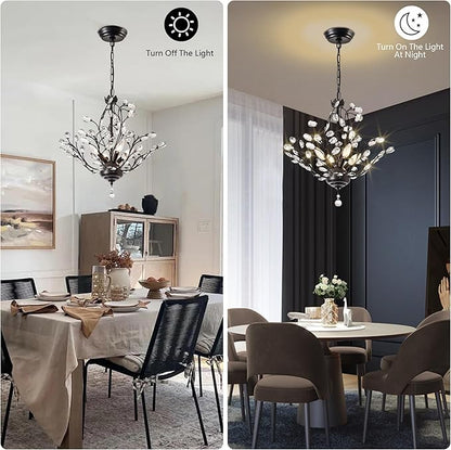 Maxax 18" Black Crystal Chandelier, 4-Light Vintage Branch Pendant Light Fixture, Modern K9 Raindrop Ceiling Light with Adjustable Chain for Dining Room Bedroom Foyer, E12 Base