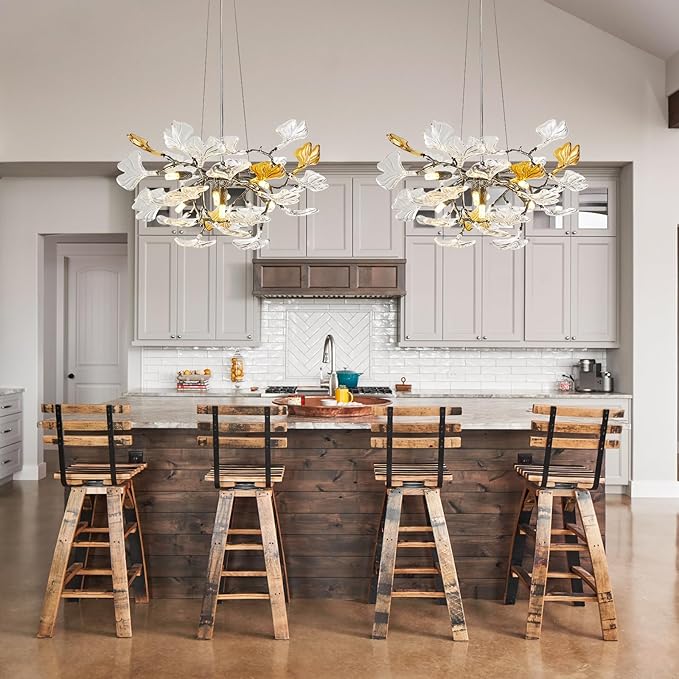 AioTio Black Modern Chandeliers for Dining Room, D21.6'' Round Tree Branch Glass Ginkgo Leaf Farmhouse Chandelier,Silver Art Deco Ceiling Hanging Chandelier for Living Room,Entryway,Foyer,Kitchen
