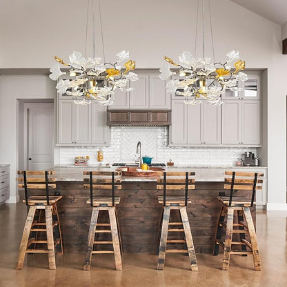 AioTio Black Modern Chandeliers for Dining Room, D21.6'' Round Tree Branch Glass Ginkgo Leaf Farmhouse Chandelier,Silver Art Deco Ceiling Hanging Chandelier for Living Room,Entryway,Foyer,Kitchen