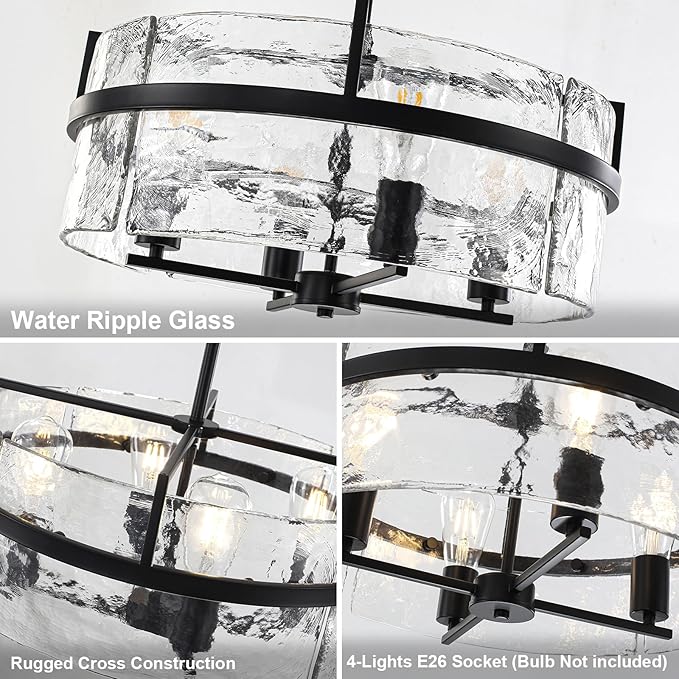 Black Drum Chandelier,19.7" Modern Water Ripple Glass Chandeliers Over Table 4-Light Large Round Hanging Pendant Light Fixtures for Dining Room Living Room Foyer Bedroom Kitchen Island,E26