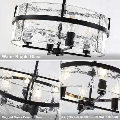 Black Drum Chandelier,19.7" Modern Water Ripple Glass Chandeliers Over Table 4-Light Large Round Hanging Pendant Light Fixtures for Dining Room Living Room Foyer Bedroom Kitchen Island,E26