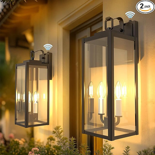 DORESshop 18" Dusk to Dawn Outdoor Wall Lights, 2-Light Black & White Outdoor Wall Sconce Lantern with Clear Glass, Tall Transitional Exterior Light Fixtures for Porch, Garage, ETL Listed, 2 Pack