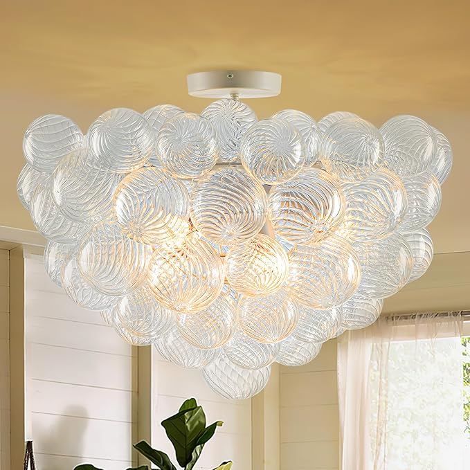 Hand Blown Glass Bubble Ball Chandelier White Finish 24" Semi-Flush Mount Ceiling Lights Art Deco Cluster Ribbed Glass Globe Chandeliers Light Fixture for Dining Living Hall Entry Foyer