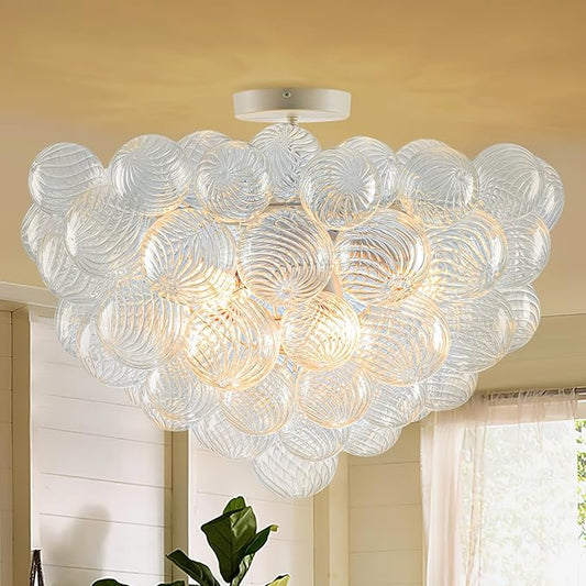 Hand Blown Glass Bubble Ball Chandelier White Finish 24" Semi-Flush Mount Ceiling Lights Art Deco Cluster Ribbed Glass Globe Chandeliers Light Fixture for Dining Living Hall Entry Foyer