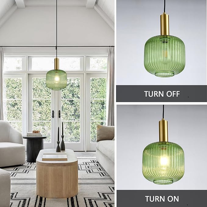 8 Inch Green Glass Pendant Lights Small Modern Chandelier Pendant Lighting Mid Century Hanging Lights Adjustable Kitchen Island Light for Dining Room Bedroom Hallway