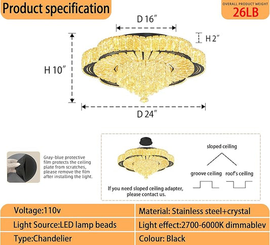 Modern Crystal Chandelier for Living Room Black 24in Crystal Raindrop Ceiling Light for Room Bedroom LED Dimmable 2700-6000K