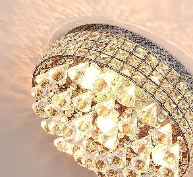 Maxax 4-Light Traditional Crystal Chandelier, Bronze Drum Ceiling Light Fixture with Round Metal Shade & Raindrop Crystals, 15,7" Vintage Flush Mount for Dining Room, Bedroom, Entryway