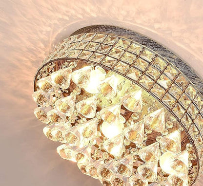 Maxax 4-Light Traditional Crystal Chandelier, Bronze Drum Ceiling Light Fixture with Round Metal Shade & Raindrop Crystals, 15,7" Vintage Flush Mount for Dining Room, Bedroom, Entryway