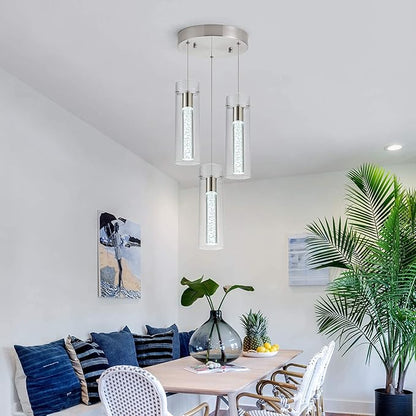 Kitchen Lighting Pendant Fixtures 3-Light LED Pendant Ceiling Fixture Brushed Nickel Bubble Cylinder Pendant Light with Adjustable Length for Kitchen Island Dinning Room Bedroom
