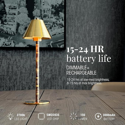 Bamboo Cordless LED Table Lamp – Rechargeable 24-Hour Battery, Dimmable Warm Light, 15" Portable Wireless Lamp with Remote for Indoor/Outdoor Use, Home, Patio, Restaurant – Polished Gold