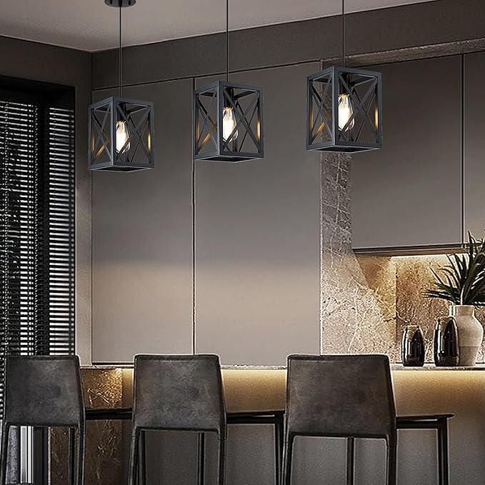 1 Light Hanging Rustic Farmhouse 6.3" Metal Lantern Cage Pendant Ceiling Light Fixture Over Sink Dining Room Bedroom Kitchen Island 3 Pack Black