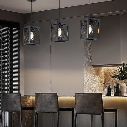 1 Light Hanging Rustic Farmhouse 6.3" Metal Lantern Cage Pendant Ceiling Light Fixture Over Sink Dining Room Bedroom Kitchen Island 3 Pack Black