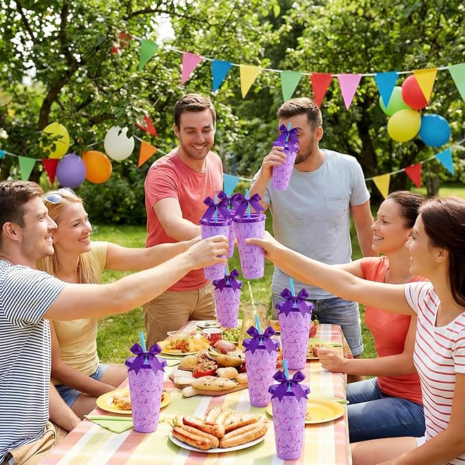 12 Sets Kpop Theme Party Supplies 24 oz Reusable Purple Lightning Crack Print Themed Party Plastic Cups and Purple Bows Bulk Kpop Theme Drinking Cups for Birthday Baby Shower Decoration