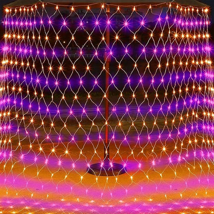 WATERGLIDE Outdoor Halloween Net Lights, 12FT x 5FT 360 LED Fairy String Light with 8 Lighting Modes, Connectable Light Safe Adaptor for Garden Tree Bushes Holiday Party Decorations, Orange & Purple