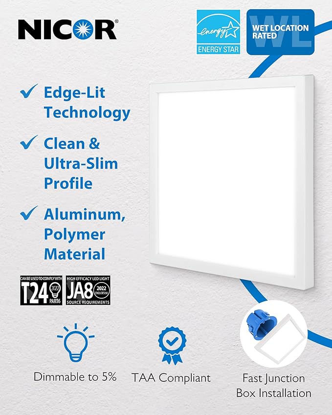 9” Square LED Surface Mount Ceiling Light - Dimmable Ceiling Light for Kitchen - Selectable CCT 2700K-5000K, 1219-1271 Lumens, 18.6W - DSE Edge-Lit Downlights for Ceiling, White by NICOR Lighting
